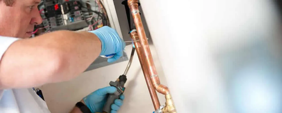 Water heater repair technician testing copper pipe connections and controls in Baltimore, MD